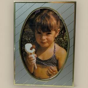 Vtg Art Deco Mini Gold Gray Stripe Picture Frame Easel Back Holds 2x3” Moody